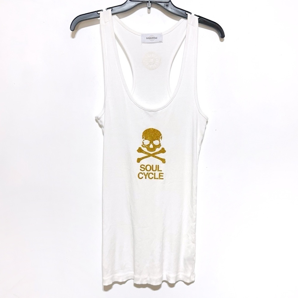 Soulcycle Women’s White Racerback Gold Skull Ribbed Tank Top In White Size L